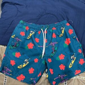 Batman Teal Swim Trunks with Red Floral and Yellow Surf Graphics